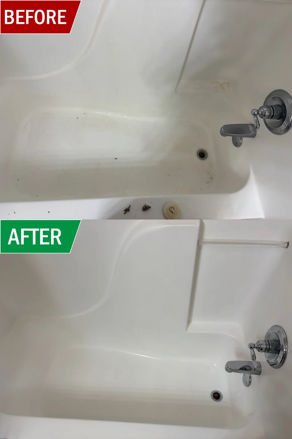 Before and after cleaning a bathtub and its surround.