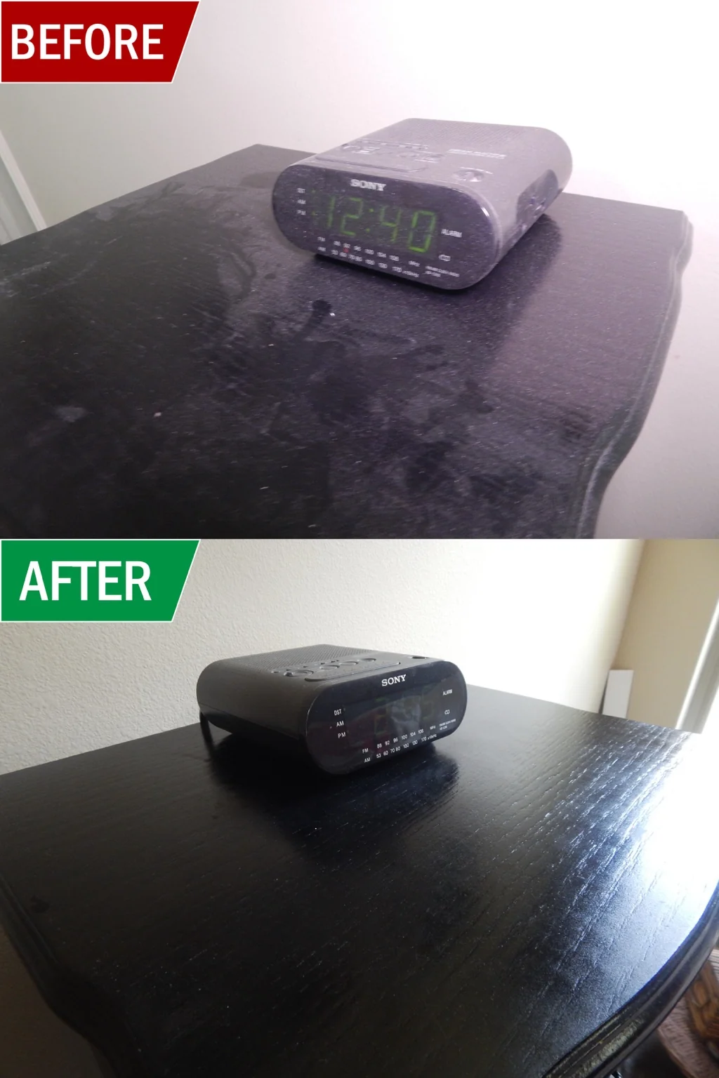 Before and after dusting a black bedside table beneath an alarm clock.