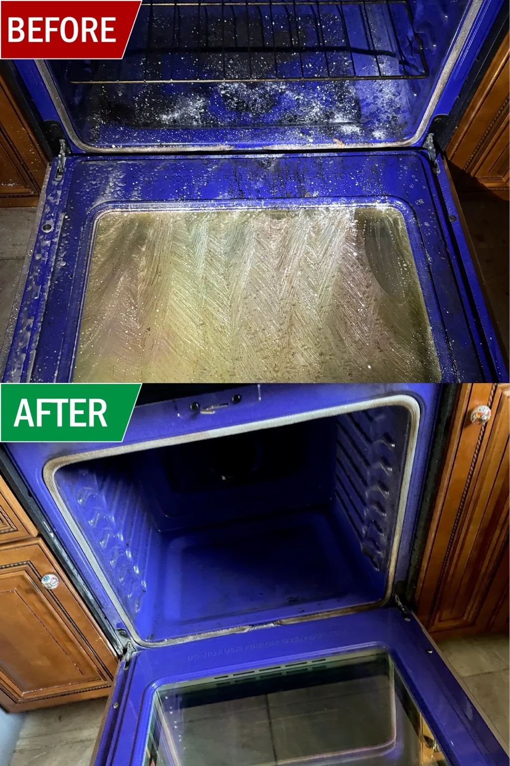 Before and after cleaning a blue oven interior and door.
